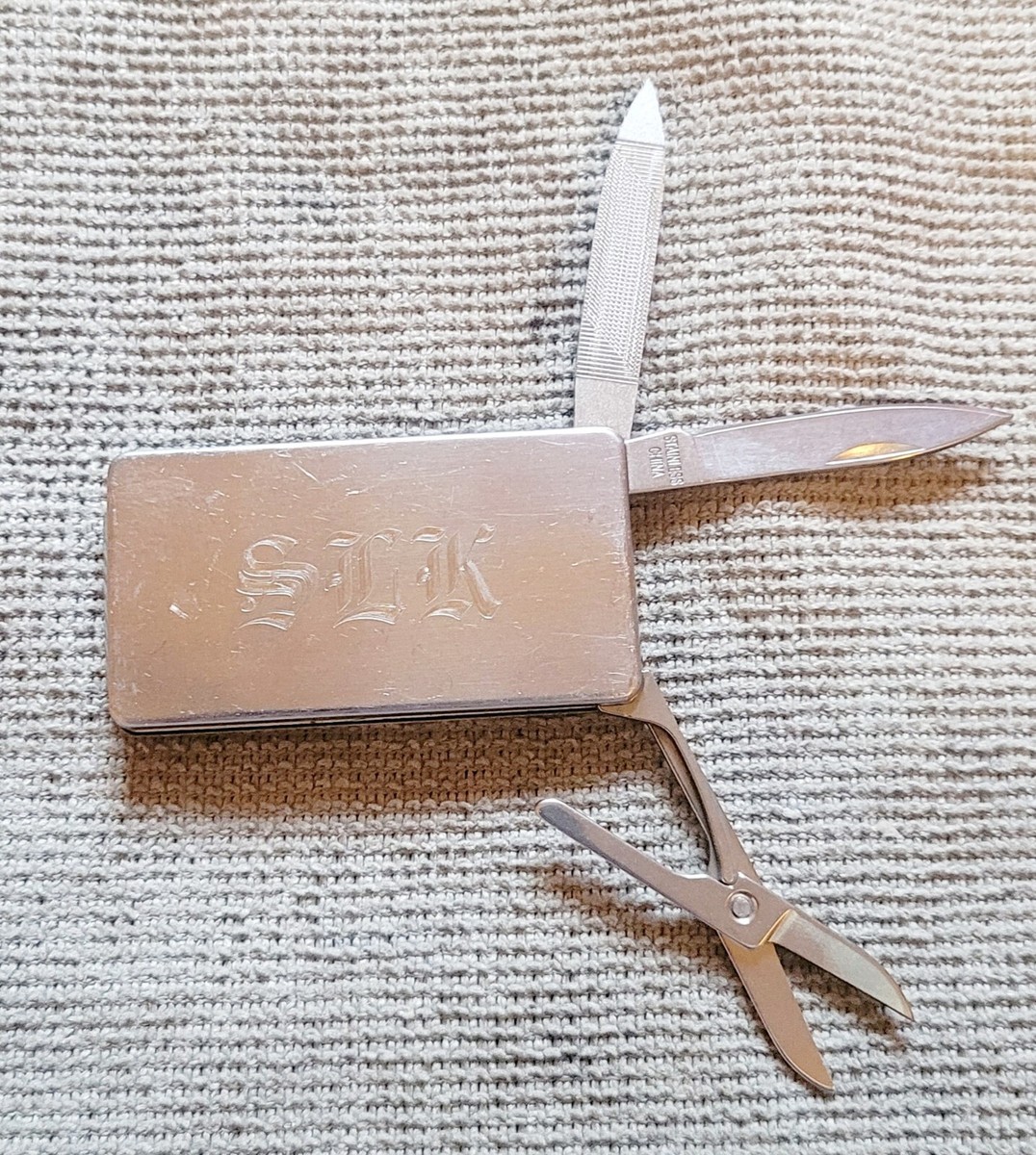 Money Clip Pocketknife Blade File Scissors Engraved Silver Free