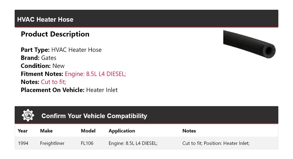 Para Freightliner FL106 1994 8,5 L L L4 diésel calefacción manguera calentador puertas de entrada Foto 2 de 4