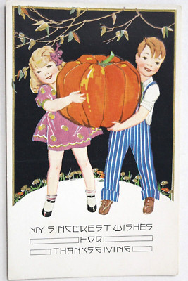 Vintage THANKSGIVING Postcard Two Children Holding Large Pumpkin