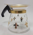 Vintage MCM PYREX Mini Carafe ~ Gold Fleur de Lis Pattern 4" Retro 50s 60s 70s