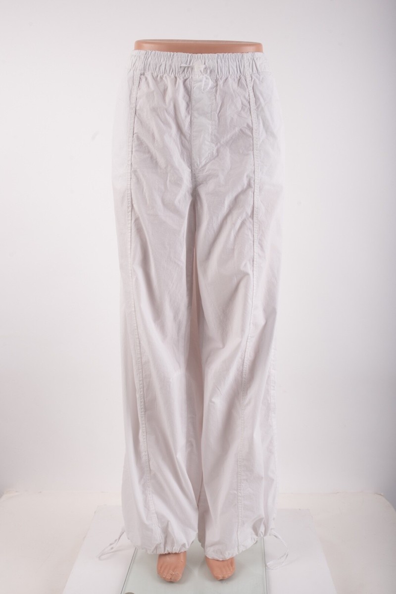 Zara Women White High Rise Cotton Pants Wide Leg L Large