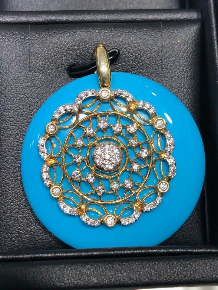 Colgante disco vintage de oro amarillo de 18k de plata de ley zafiro blanco resina azul