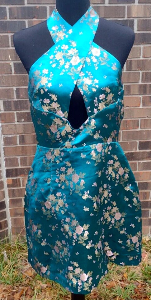 Sau Lee бирюзовый металлический парчи крест с бретелью через шею мини-платье коктейльное праздник 12 новый с Ярлыками - Изображение 2 из 4