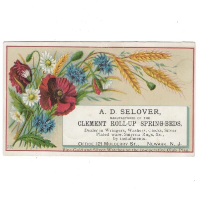 Antique Business Card A.D. Selover Newark NJ Clement Roll-up Spring Beds C1920