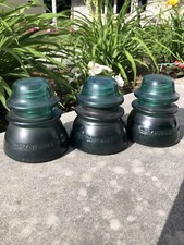 Lot Of 3 Vintage Green Hemingray-42 40 Glass Insulator Beaded Bottom Made In USA