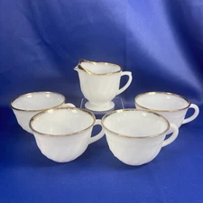 Vintage Oven Ware Fire King “Shell” White & Gold Trim Swirl 4 Cups & 1 Creamer