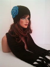 DARK BROWN HAND CROCHET FLOWER HAT AND SCARF SET BEANIE SKULL SKI CAP TAM