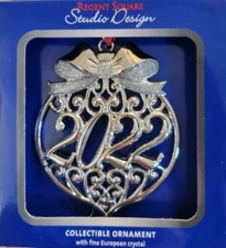 Regent Square 2022 Christmas Silver Scroll Ornament w/European Crystal 