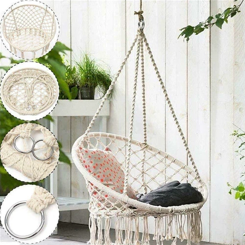 Hamac Suspendu Avec Support Métallique – Chaise En Coton Et Bois – Pour Intérieur/extérieur – Jusqu’à 120 Kg