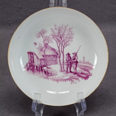 Meissen Dot Period Hand Painted Puce Men Fishing Saucer C.1763-1774 