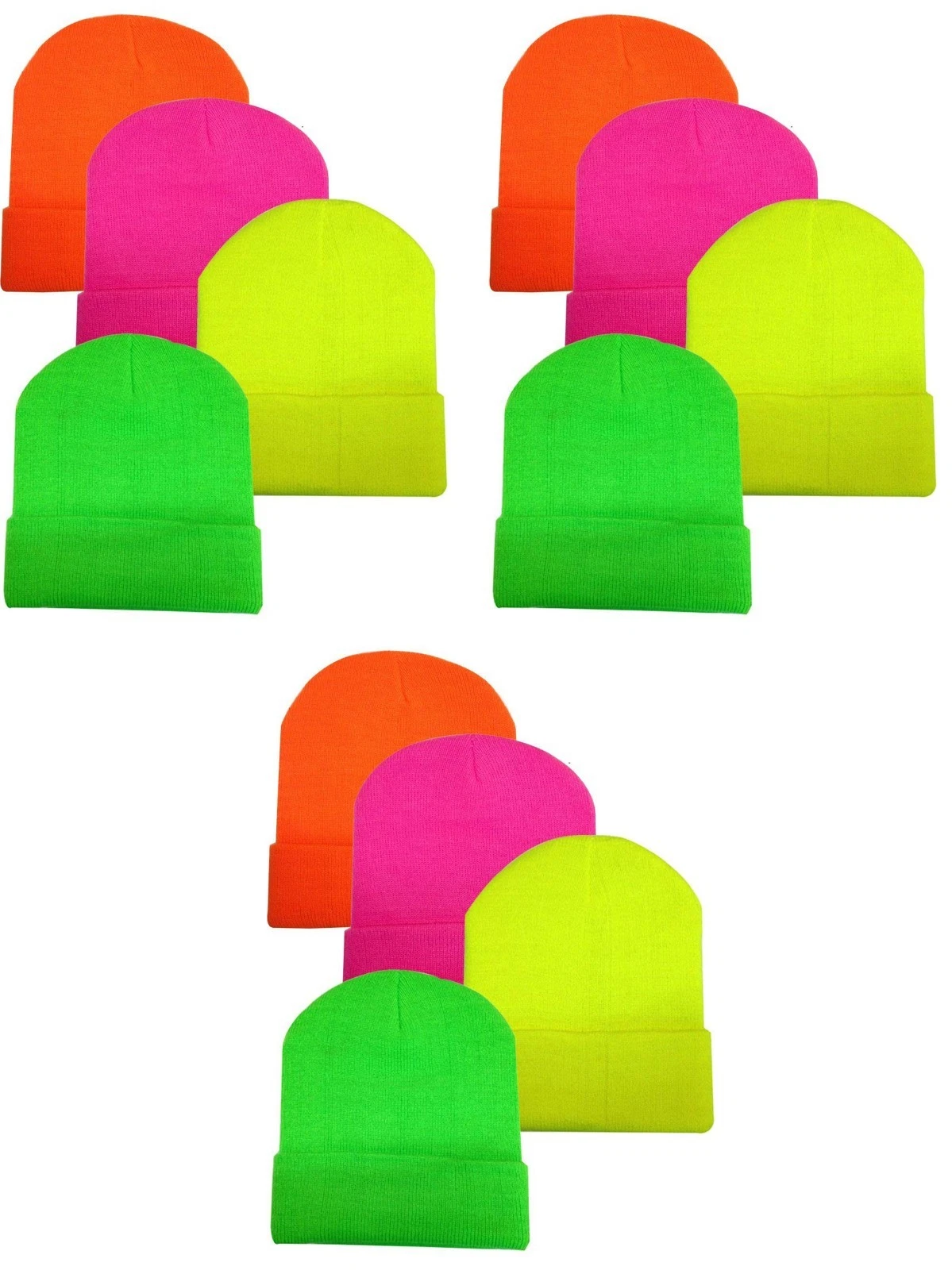 12 PCS Neon Knit Long Cuff Ski Plain Skull Beanie Cap Hats Winter Beany NY