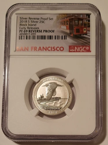 NGC 2018 S Silver Block Island NP Quarter Reverse Proof PF69 ER Trolley (B)