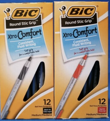 24 BIC ROUND STIC GRIP XTRA COMFORT BALL MEDIUM PENS - (12) BLACK & (12) RED INK