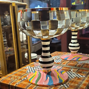 MacKenzie Childs Champagne Coupe Glass, Gold Rim, Striped Stem