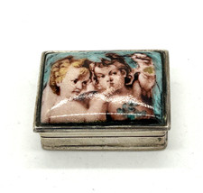 Sterling Silber Pillendose 925 Pill Box Snuff Box  Emaille Bild Engel / Putto