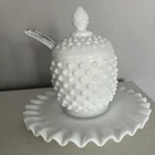 Vintage Fenton Hobnail White Milk Glass Jam Jelly Jar W/ Spoon Lid & Under Plate