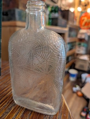 Vintage Spider Web Embossed Glass Whiskey Bottle - Rare Bootlegger Flask - Clear