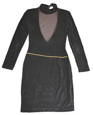 VTG 90's Black Velvet Long-Sleeve Mini Dress Driven Women SZ Medium W/ Gem Chain