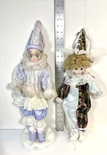Lot of 2 Vintage Porcelain Clown Dolls – Harlequin Jester Pierrot Style, 22”&18”