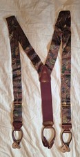 TRAFALGAR Burgundy Leather Silk Leaf Print Adjustable Suspenders Braces VTG