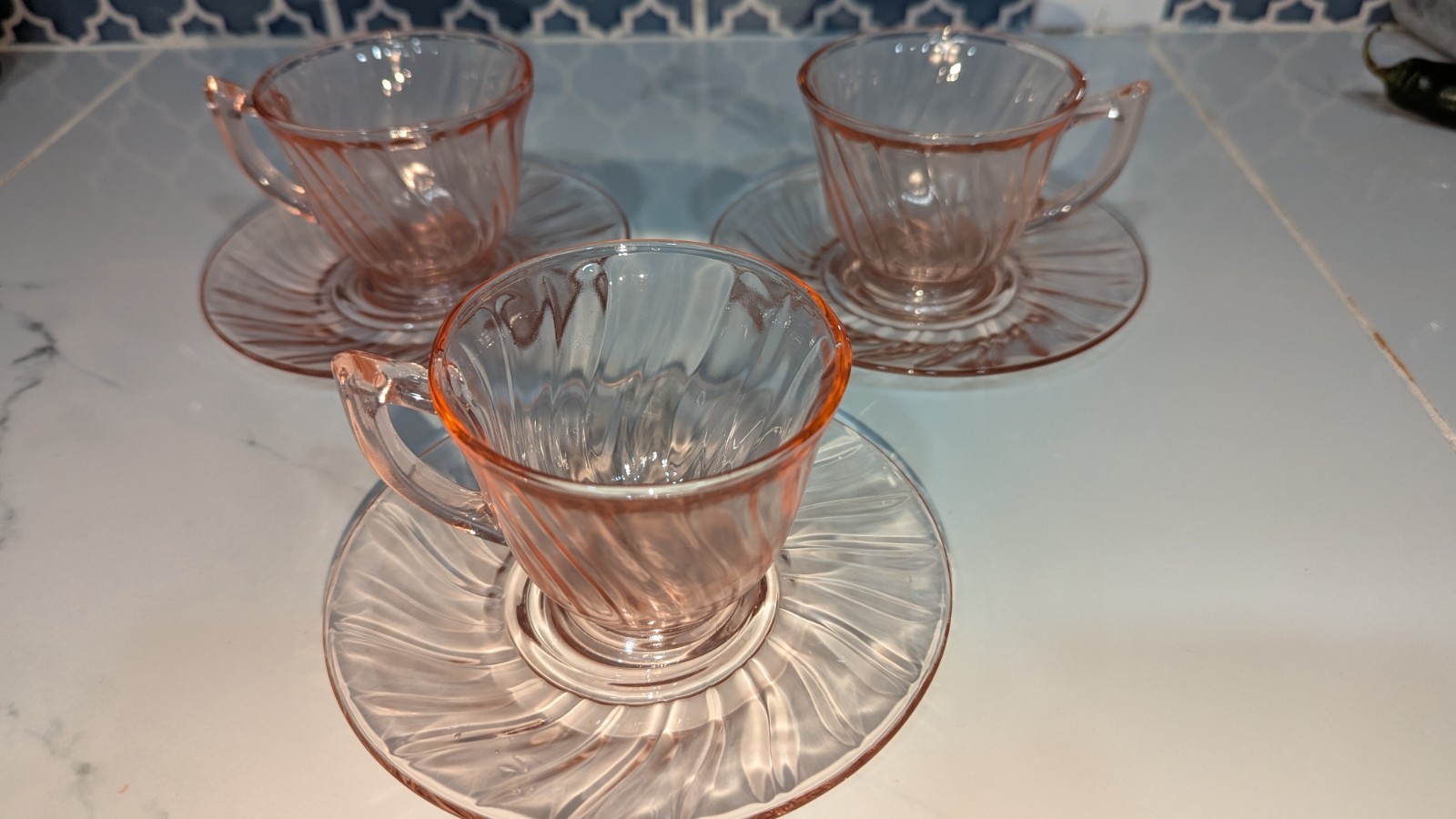 Jeanette Glass  SWIRL Pink Depression Glass cup and saucers set  Set of 3