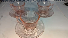 Jeanette Glass  SWIRL Pink Depression Glass cup and saucers set  Set of 3