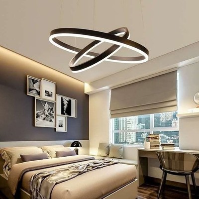 Moderne LED 2 Ring Pendelleuchte, 60+40cm 6500K kaltweiß kaffeebraun