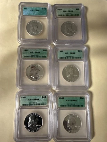 LOW STARTING BID - FRANKLIN PROOF COLLECTION - 6 ICG PROOF COINS - SILVER