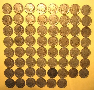 Lot of 62 Mostly Dated Buffalo Nickels 1913-1937 - Good Mix of 10s, 20s, & 30s