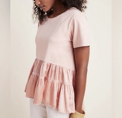 Anthropologie Babydoll Tiered Top Medium Mauve Pink Boho Short Sleeve Blouse