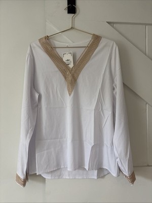 La Mode Elegant White Tan Blouse Shirt Crochet Detailing V-Neck Size XL