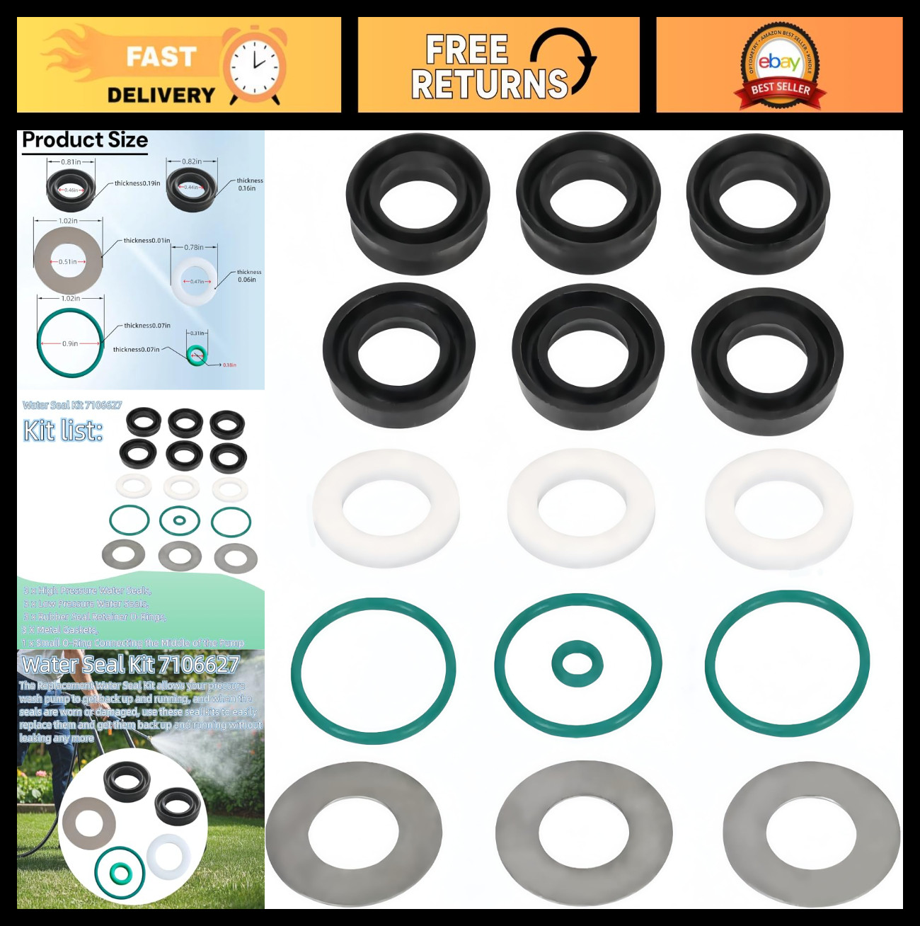 Pressure Washer Pump Seal Kit 7106627 - Rebuild Kit for Simp