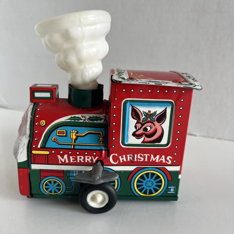 Vintage Yuletide Tin Litho Wind Up Santa Locomotive W/Smokestack ~ Korea 1950’s