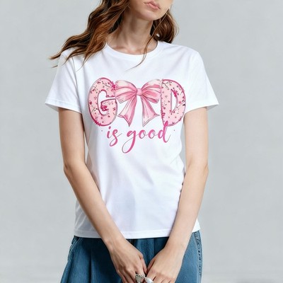 Women Christian God is Good Pink Bow Floral Graphic T-Shirt Casual Faith Tee