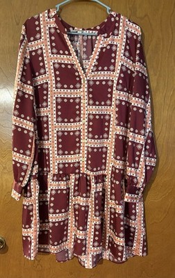 LOFT Border Flounce Shirtdress Burgundy Geometric Print  Size L