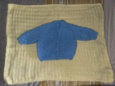 NEW - Unisex Hand Knitted 3-6 month blue Cardigan And Small yellow Pram Blanket