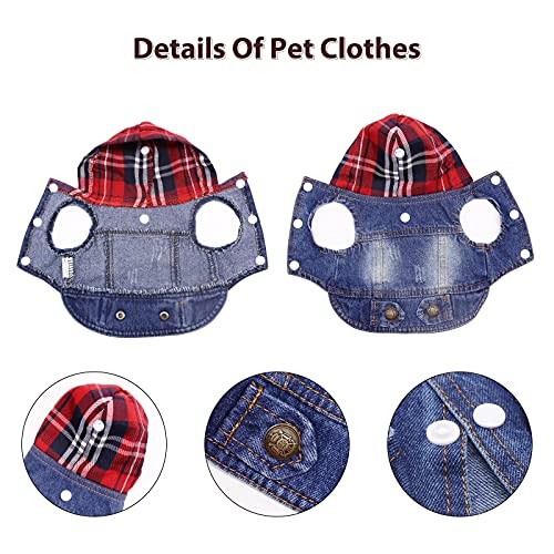 Pet Clothes Dog Jeans Jacket Cool Blue Denim Coat Small Medium XL Plaid Hat - Picture 5 of 7