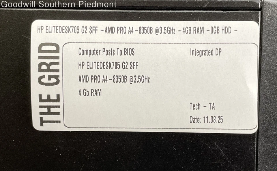 HP EliteDesk705 AMD PRO A4 -8350B 3.5GHZ 4GB 0GB HDD Desktop - Tested - Image 2 of 4