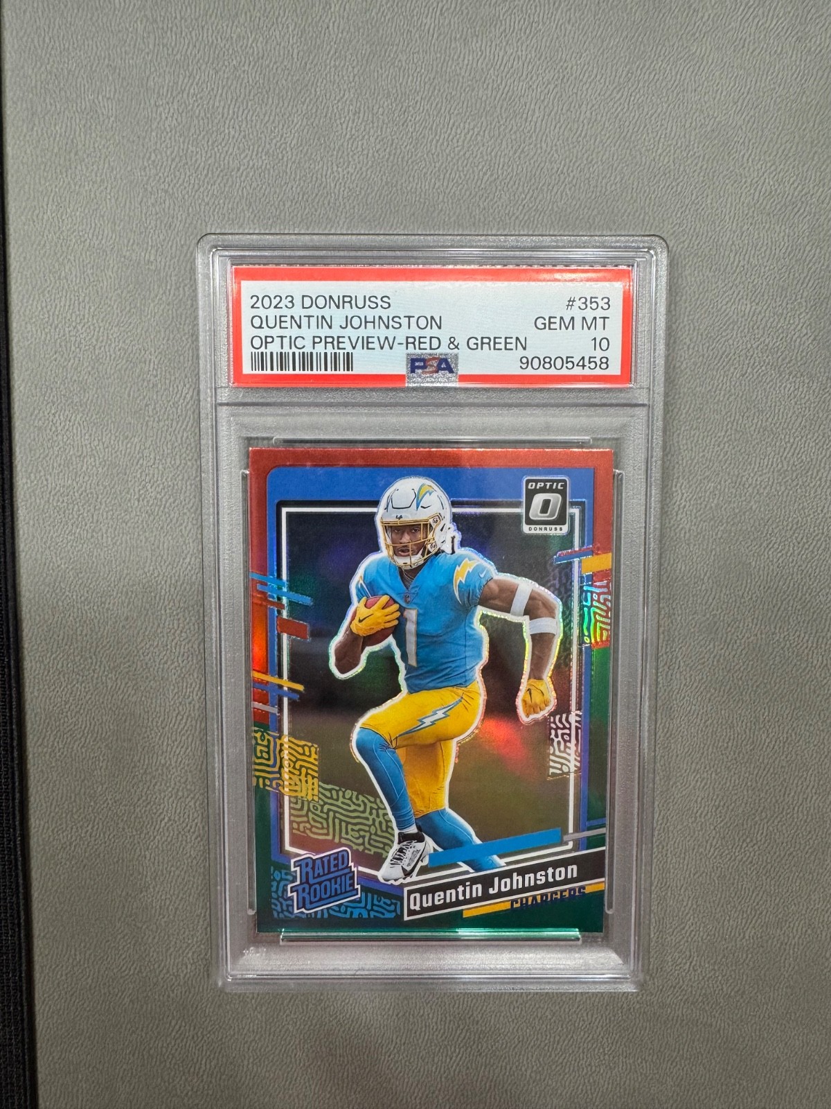 2023 Panini Donruss #353 Quentin Johnston Optic Preview-Red & Green PSA 10