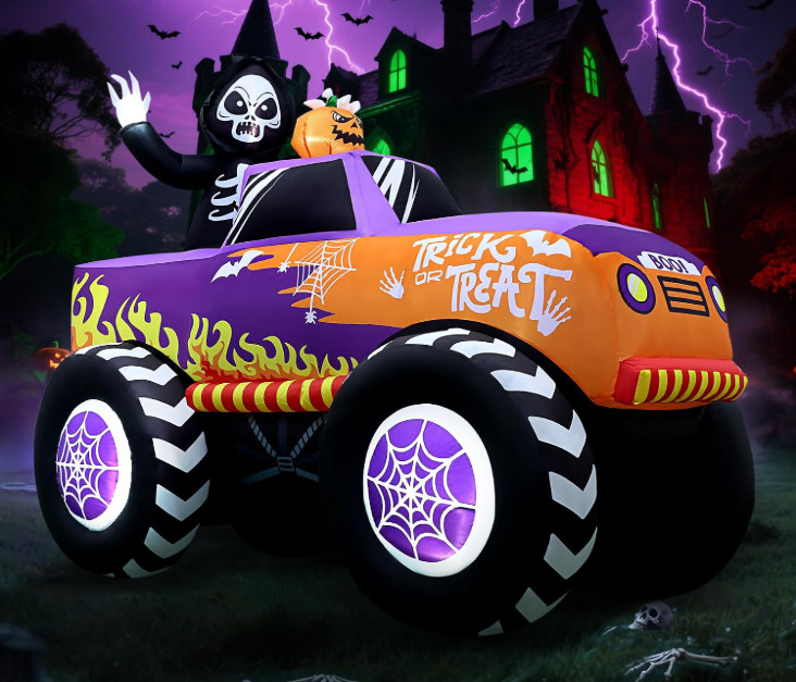 8FT Halloween Inflatables Outdoor Monster Skeleton Truck Built-in 10 LEDs | Scar