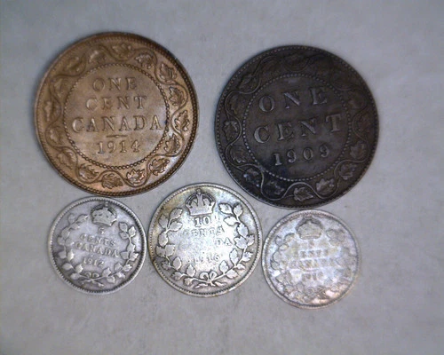 1909 .01,1914 .01,1912 .05,1917 .05, 1916 .10, LOT OF  CANADIAN  COINS
