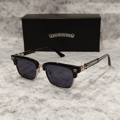 Chrome Glasses Heart Half Frame Metal Black Silvery Sunglasses Unisex with Case