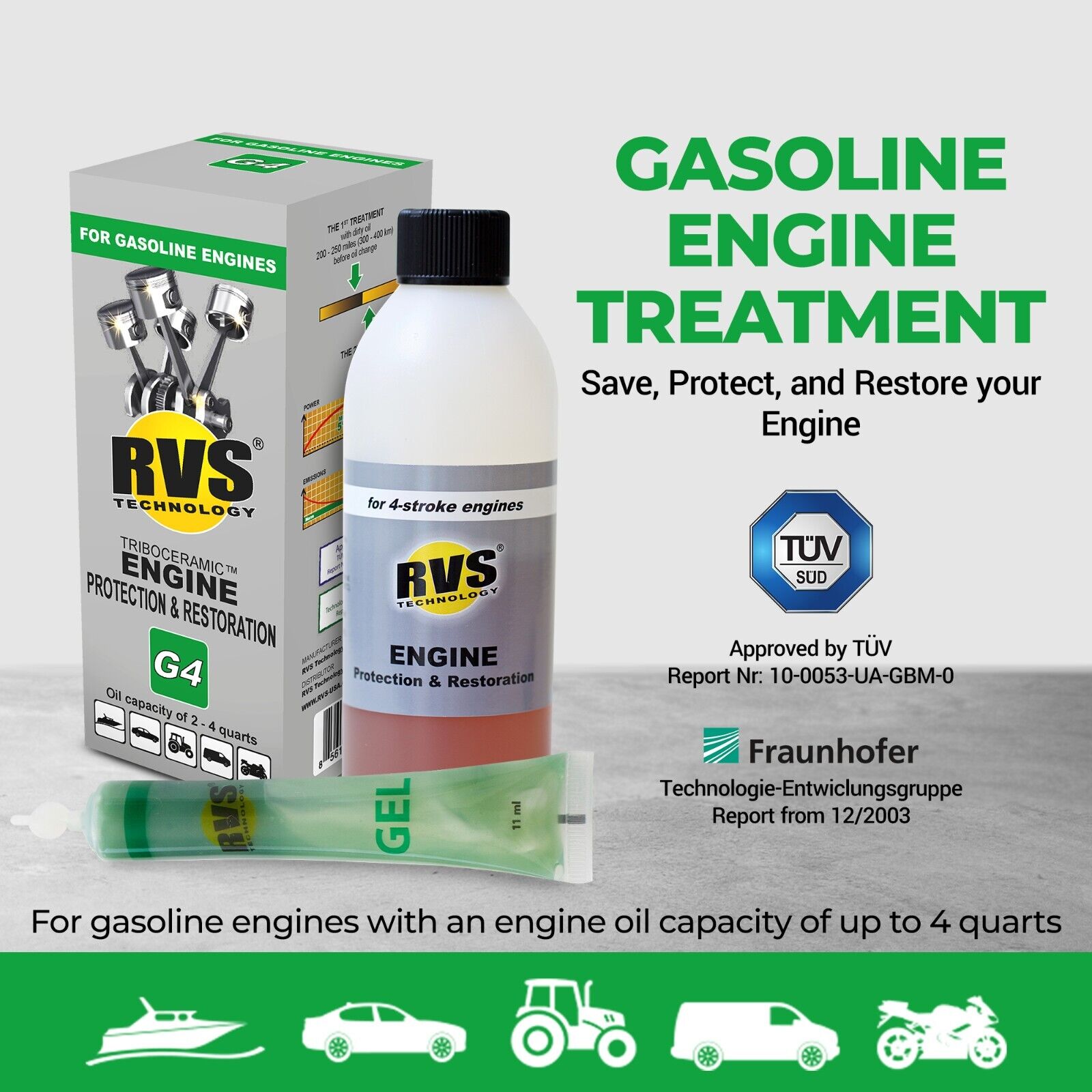 RVS Technology G4 engine treatment. Restore your engine, increase fuel economy!