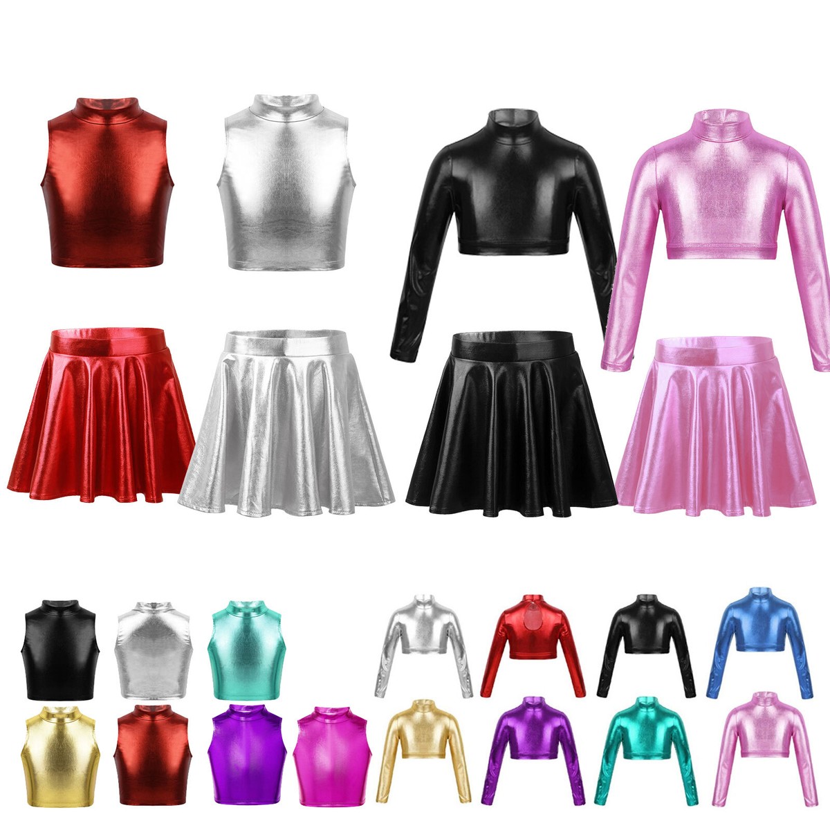 Girls Metallic Pleated Mini Skirt Crop Tops Athletic Dance Scooter Skirts  Costum