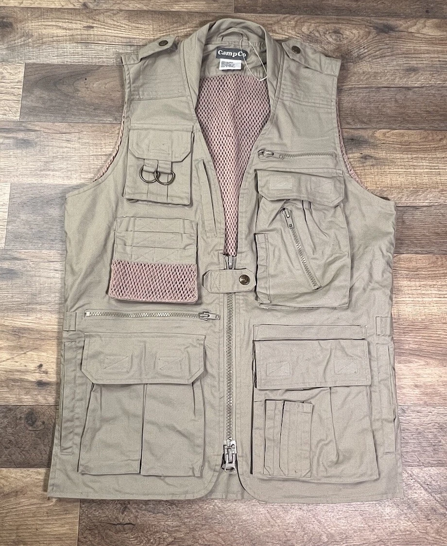 Campco Vest Mens Medium Brown Beige HUMVEE Safari Photo Hunting Fishing Coat .