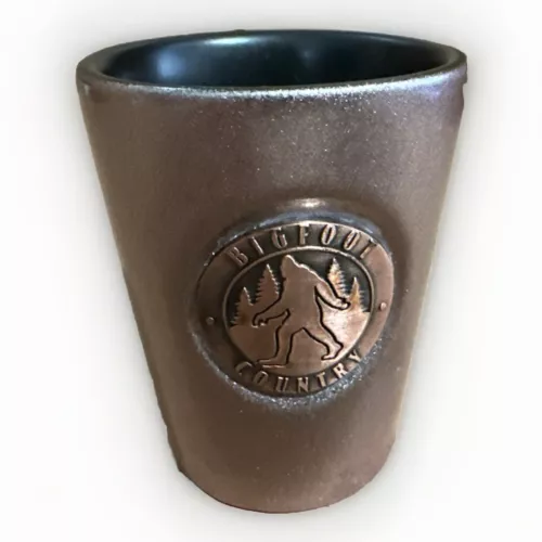 Rare Bigfoot Country Shot Glass With Copper Emblem Sasquatch Collectible