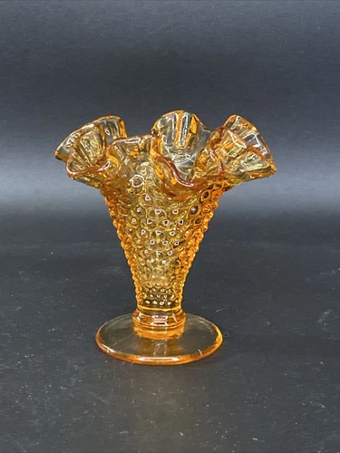 Vintage Fenton Amber Glass Colonial Trumpet Ruffled Hobnail 4" Footed Vase