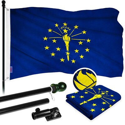 NEW G128 Indiana Flag & Flagpole, 5FT Black Pole and 2.5x4FT Embroidered Flag