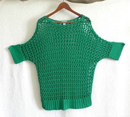 Chico's Crochet Top Bat-Wing/Short Sleeve Linen Blend Green Boat Neck Size 3 - Picture 4 of 9