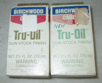 2 Vtg Birchwood Casey Tru-Oil Gun Stock Finish~Amber Glass Bottle~Full~Metal Lid